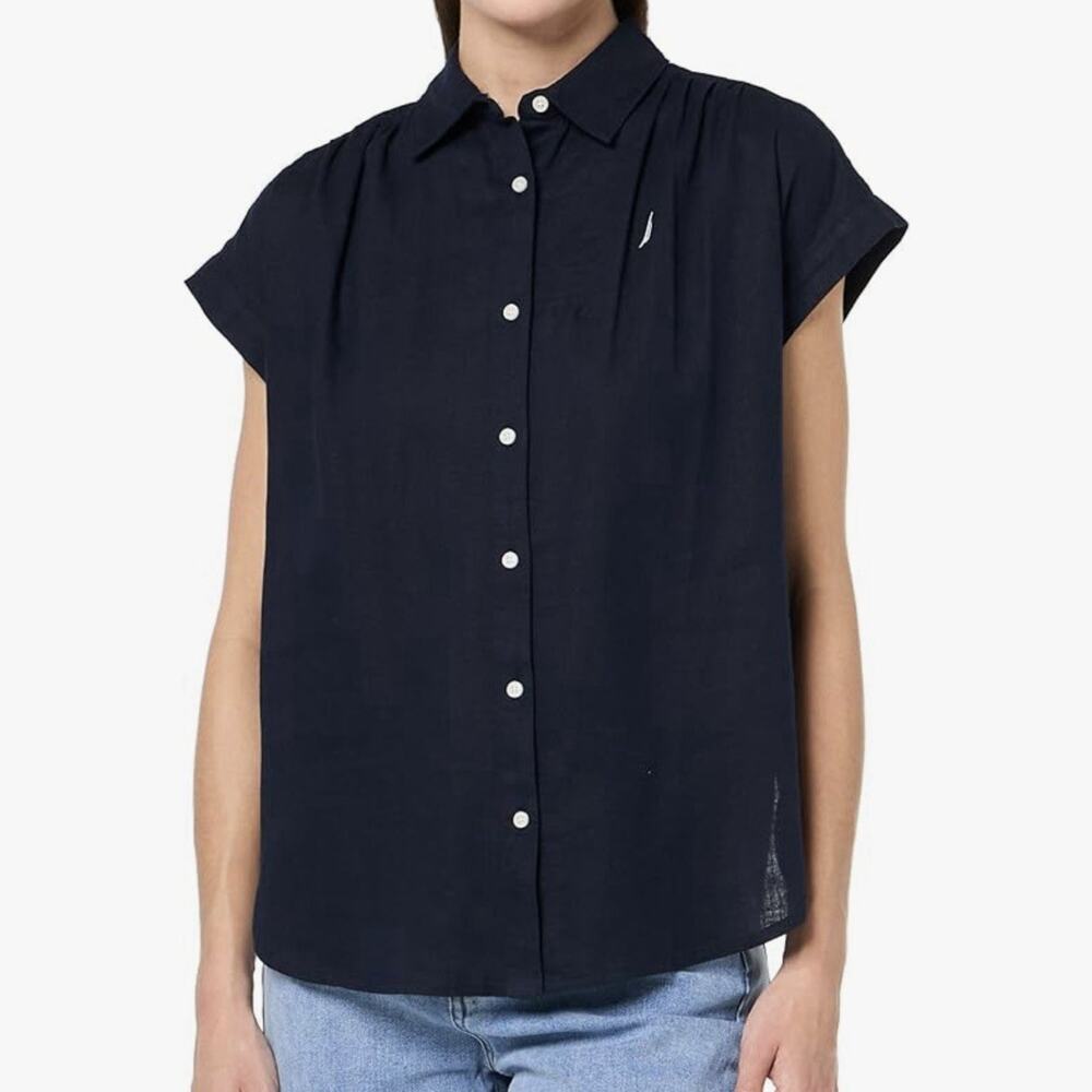 Nautica Women's Navy Linen Blend Short Sleeve Button Up Shirt Sz L